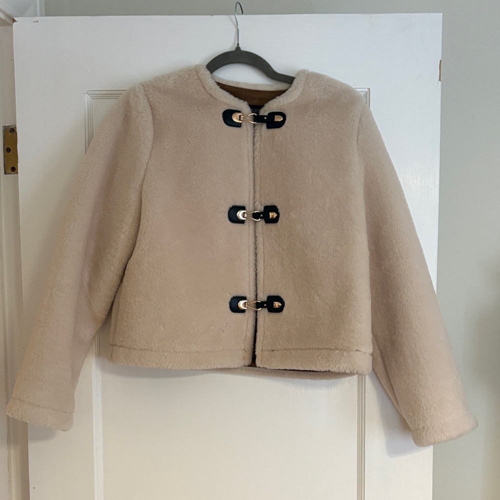 Zara Cream Faux Fur Jacket with Gold Buckles